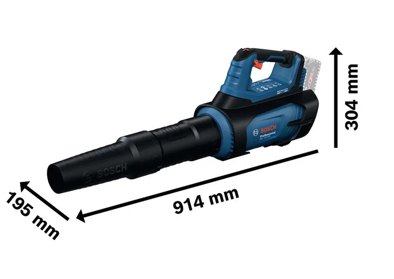 Bosch GBL 18V-800 cordless leaf blower with dimensions shown.
