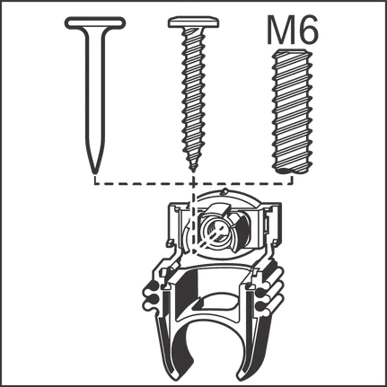 A person holds a mounting bracket showing options for nail, screw, or M6 bolt attachment.