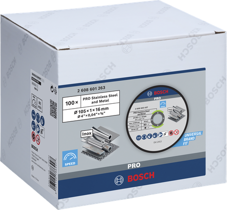 PRO Stainless Steel and Metal Cutting Disc, 105 x 1 x 16 mm Bosch PRO 105×1×16 mm metal cutting disc.
