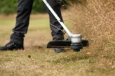 A person trims tall grass along a lawn edge with a cordless grass trimmer.