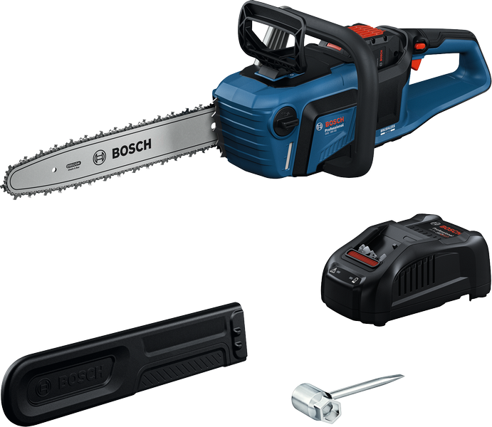 Bosch GKE 18V-40 cordless chainsaw with charger.