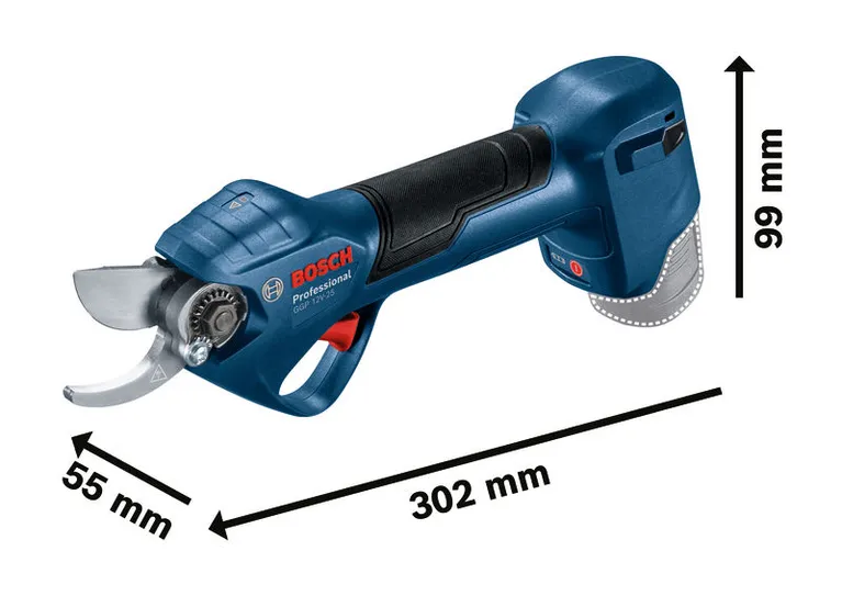 Cordless pruner with black grip and metal cutting blade, showing measurements in millimeters.