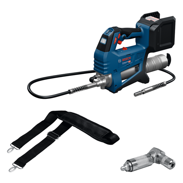 Bosch GFP 18V-10 cordless grease gun with strap and nozzle.