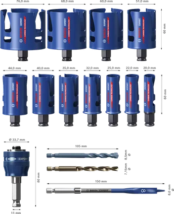 Bosch EXPERT Construction Material hole saw set, 15 sizes.