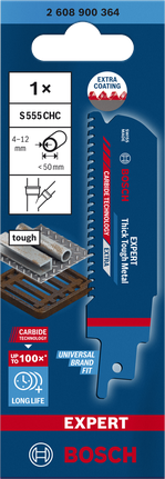 EXPERT ‘Thick Tough Metal’ S 555 CHC Reciprocating Saw Blade 1-pc Bosch EXPERT S 555 CHC reciprocating saw blade for thick tough metal.