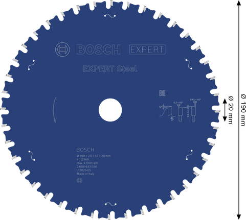 EXPERT Steel Circular Saw Blade, 190 x 2/1.6 x 20 mm, T40 Bosch EXPERT Steel Circular Saw Blade, 190 mm T40.