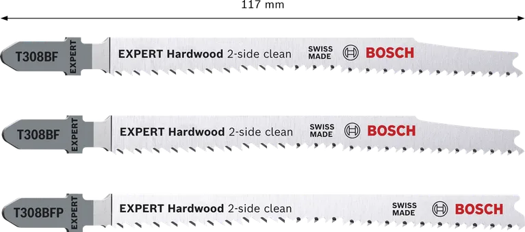 EXPERT Hardwood 2-side clean Jigsaw Blade Set, 3 pcs Bosch EXPERT Hardwood 2-side clean jigsaw blade set, 3 pieces.