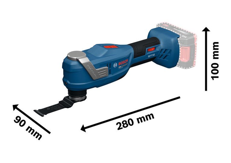 Bosch GOP18V-30 multifunction tool with dimensions shown.