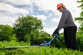 A person wearing safety equipment trims hedges with a cordless hedgecutter outdoors.