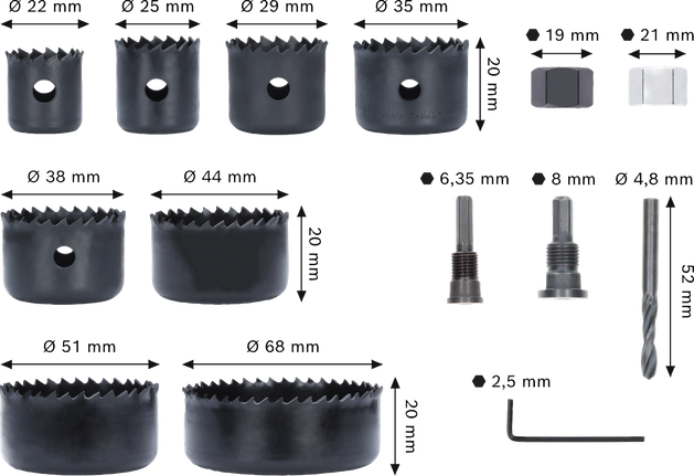 Bosch wood and drywall arbored hole saw set with pilot drill.