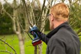 A person wearing safety equipment trims tree branches with a cordless pruner.