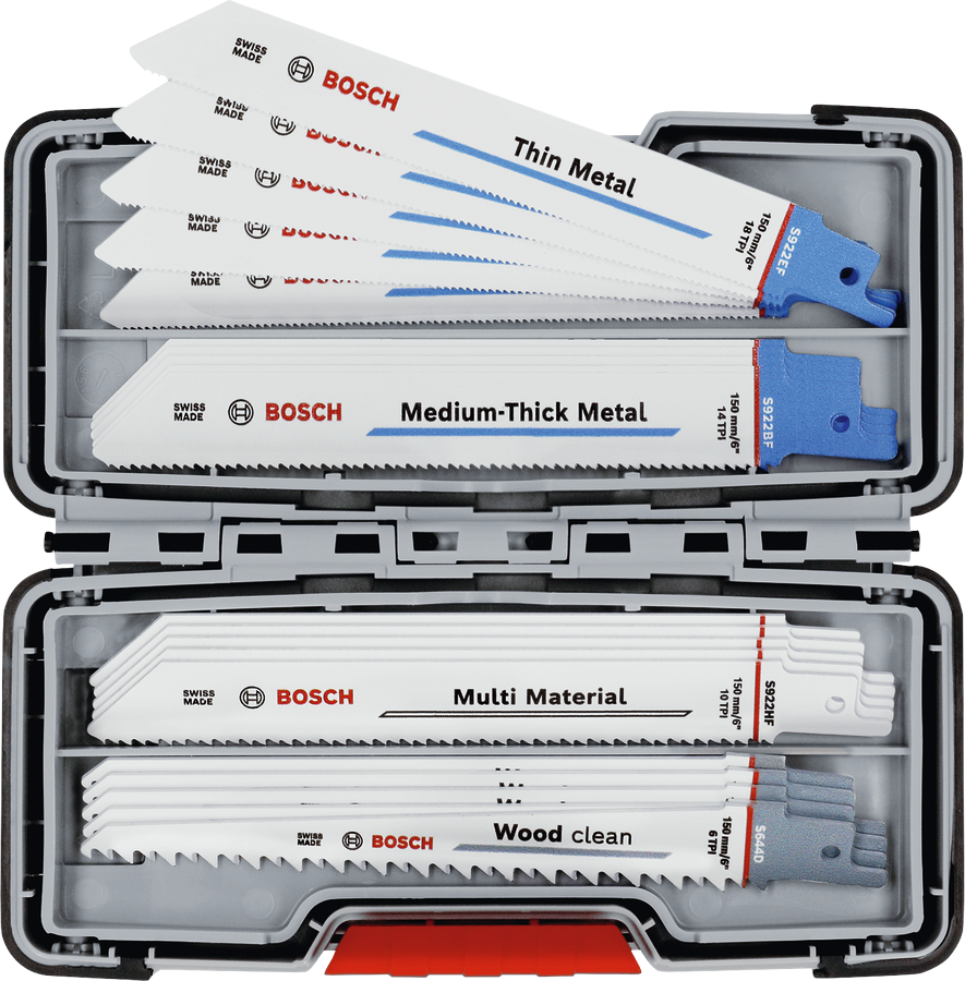 Bosch 20-piece reciprocating saw blade set for wood and metal.