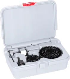 Bosch wood and drywall hole saw set in plastic case.