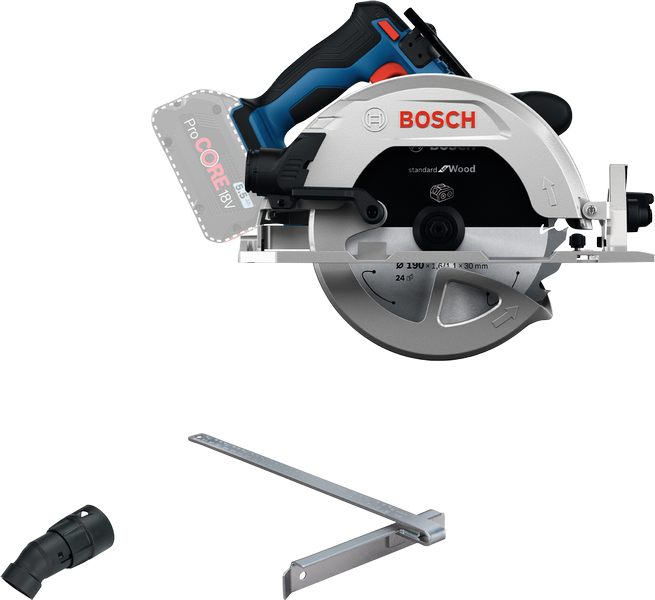 Bosch GKS 18V-68 circular saw with guide and connector.