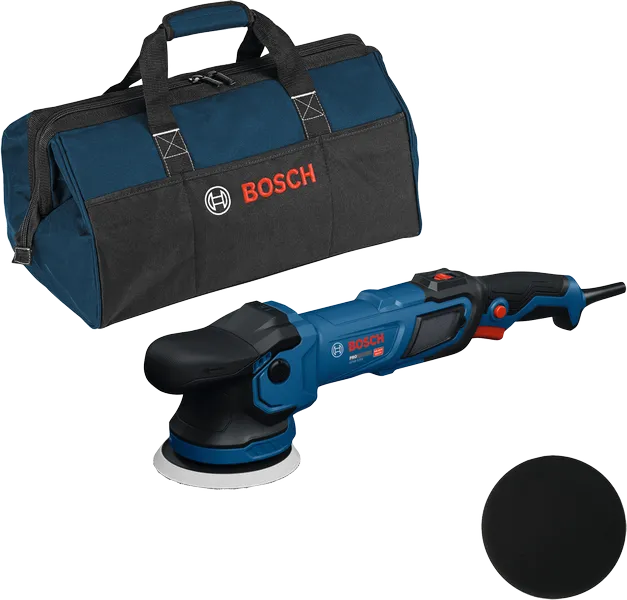 Bosch GPX9-125S polisher with carrying bag and pad.