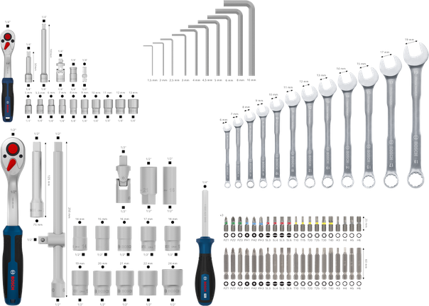 Bosch hand tool mixed set 134 pcs with sockets wrenches and bits.