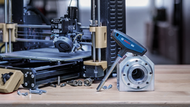 Digital torque wrench rests on a metal component beside a 3D printer on a workbench.
