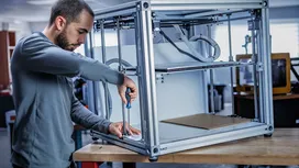 Person assembling a metal frame with a screwdriver at a workbench.
