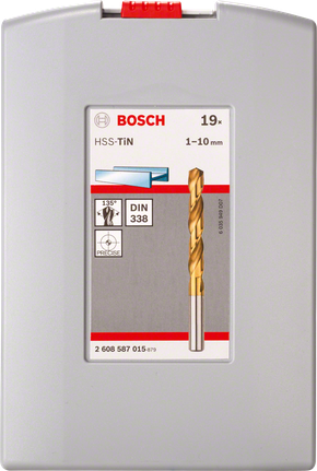 مجموعة رؤوس مثقاب معدنية من Bosch مكونة من 19 قطعة من الفولاذ عالي السرعة والتيتانيوم، مقاس 1-10 مم.