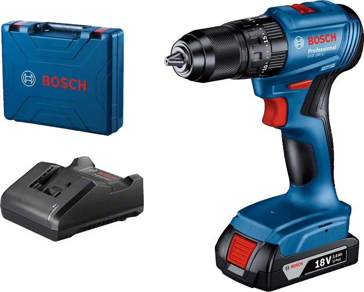 مثقاب لاسلكي Bosch GSB 185-LI مع شاحن وحقيبة.