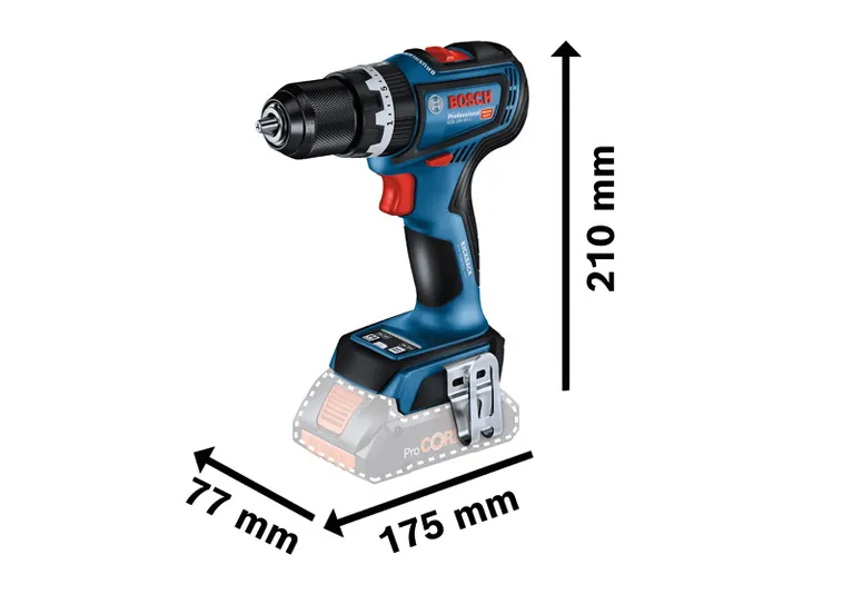 مثقاب Bosch GSB 18V-90 C اللاسلكي مع أبعاد الحجم.