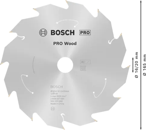 شفرة المنشار الدائرية Bosch PRO Wood مقاس 165 مم، 12 سنًا.