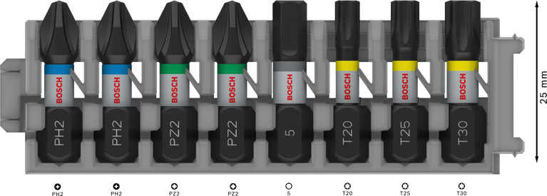 مجموعة رؤوس مفكات البراغي Bosch PRO ذات التأثير العالي، 8 قطع، مقاس 25 مم.