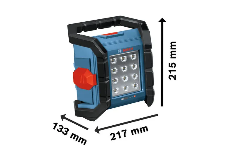 مصباح موقع العمل اللاسلكي Bosch GLI18V-1500 مع الأبعاد.