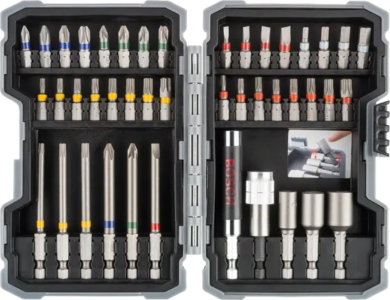 Bosch 43-piece impact screwdriver bit set with color-coded bits.