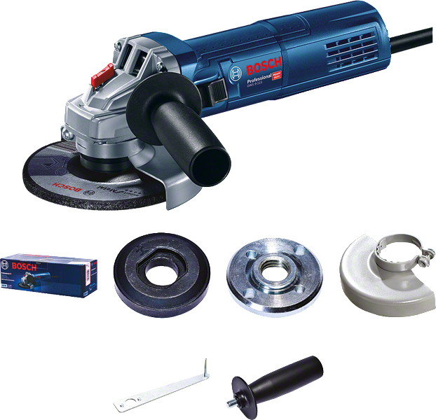 Bosch GWS 9-115 angle grinder with handle and accessories.