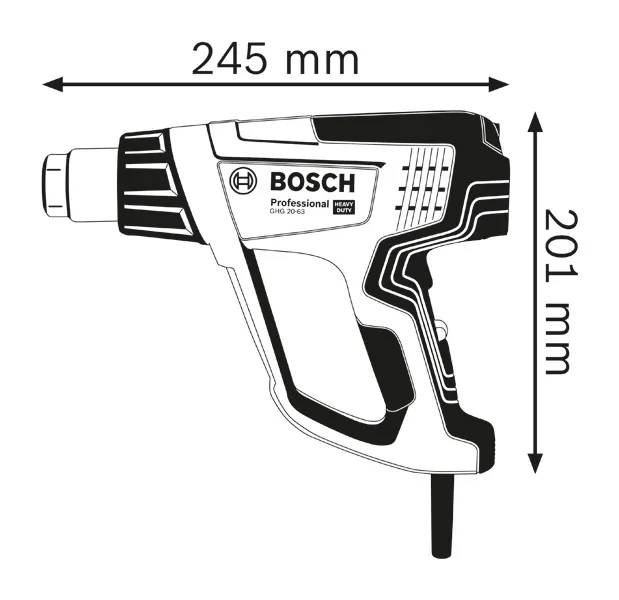 Heat gun dimensions.