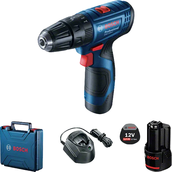Bosch GSB 120-LI cordless drill with 12V 2.0Ah battery.