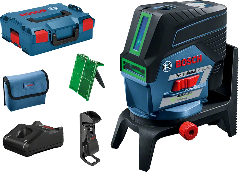 Bosch GCL 2-50 CG laser leveling tool with case and accessories.