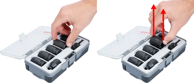 Person lifts socket from a 7-piece socket set in a plastic case.