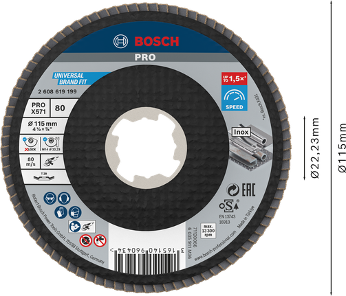 Bosch PRO X571 Flap Disc angled 115mm G80 X-Lock.