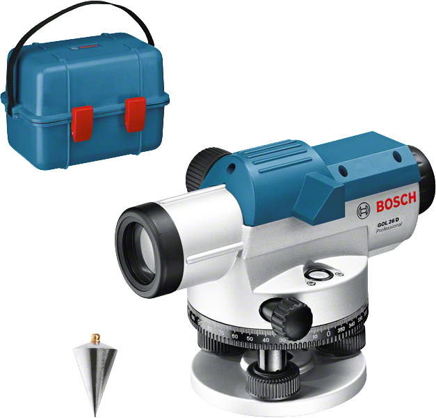 Bosch GOL 26 D optical level with carry case and plumb bob.