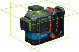 Bosch GLL 18V-120-33 CG laser leveling tool with green lines.