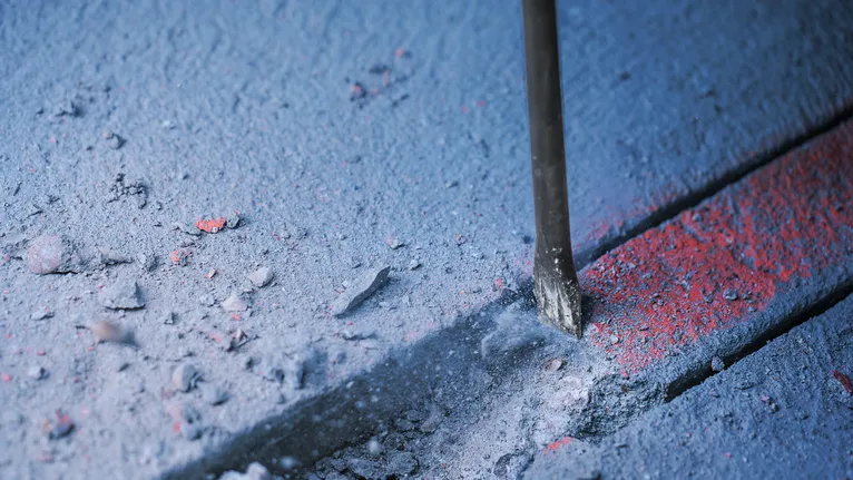 Chisel bit breaking a groove into concrete with dust scattered around.