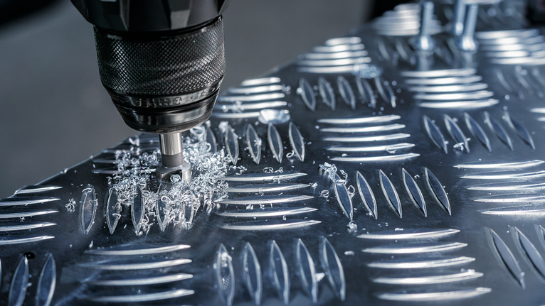 A drill making a hole in a sheet of textured metal.