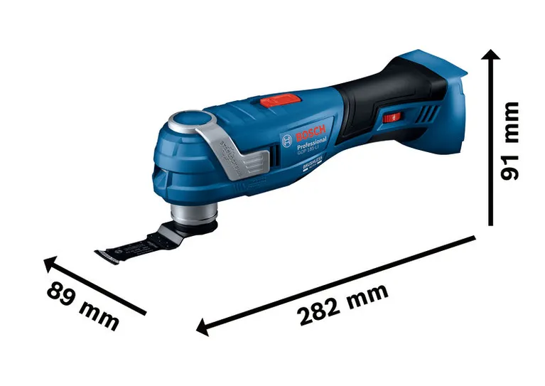 Bosch GOP 185-LI multitool with dimensions shown.