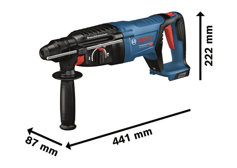 Bosch GBH 18V-26 D rotary hammer, 441 mm length.