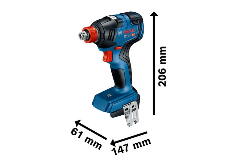 Bosch GDX 18V-200 cordless impact driver with dimensions.