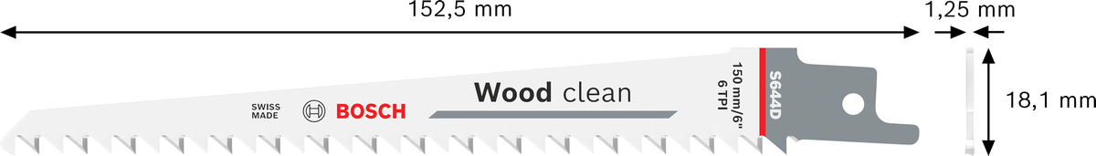 Bosch S 644 D reciprocating saw blade for clean wood cutting.