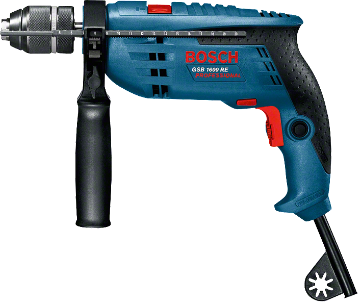 Bosch GSB 1600 RE impact drill with side handle.