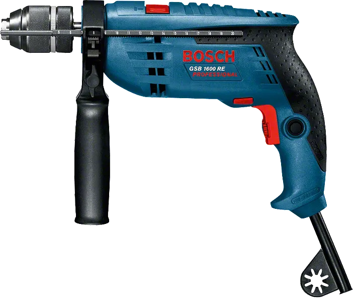 Bosch GSB 1600 RE impact drill with side handle.