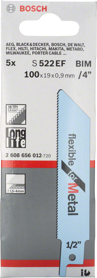 Paquete de hojas de sierra recíproca flexibles para metal Bosch S 522 EF.
