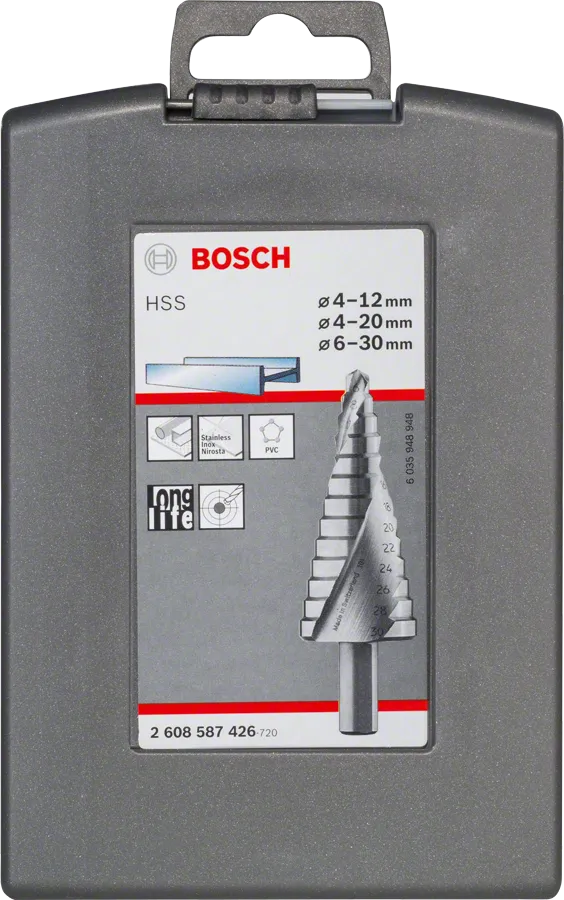 Juego de brocas escalonadas HSS de Bosch de 3 piezas: 4-12/4-20/6-30 mm.