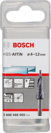 Broca escalonada Bosch HSS-AlTiN de 4–12 mm.