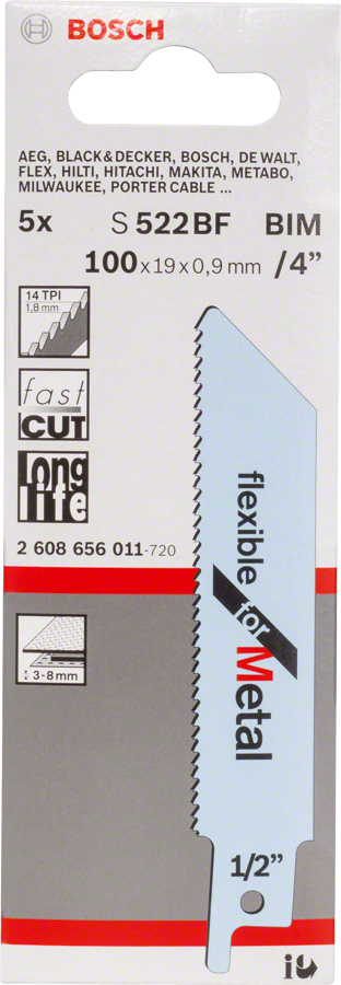 Hoja de sierra recíproca flexible Bosch S 522 BF para metal.