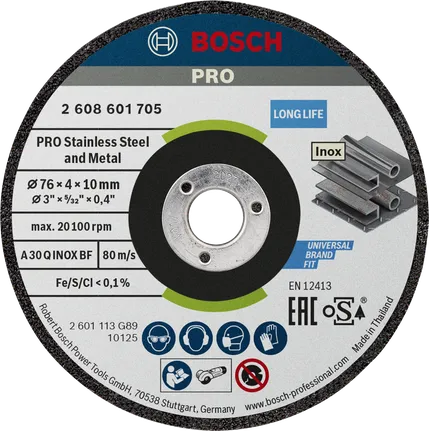 Disco abrasivo Bosch PRO para acero inoxidable y metal, 76 x 4 x 10 mm.
